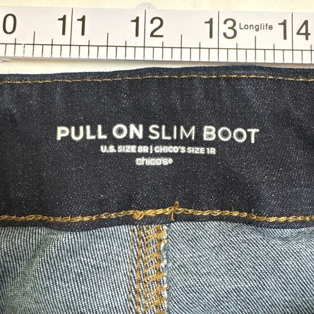 Chico's Pull On Slim Boot Jeans Womens 1R US‎ 8R Dark Indigo Blue Stretch Denim